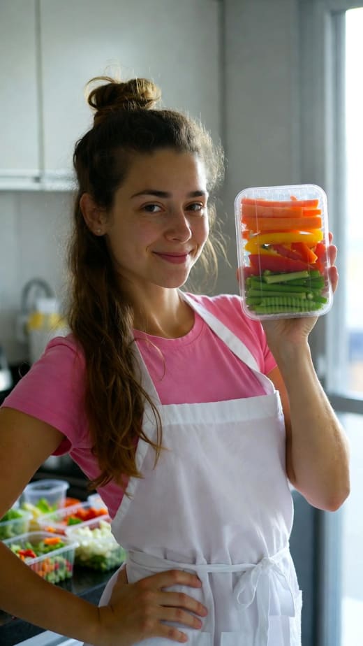 Mulher jovem mostrando pote com legumes coloridos cortados