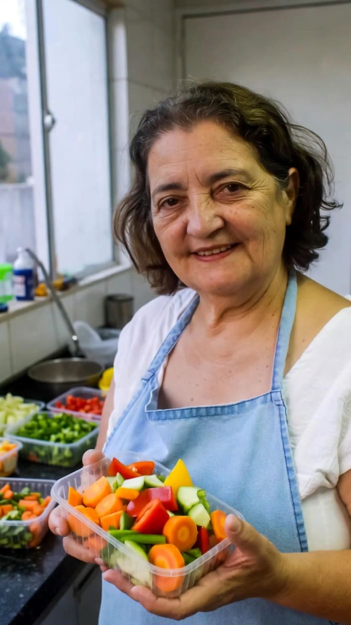 Mulher madura com avental segurando pote de legumes frescos
