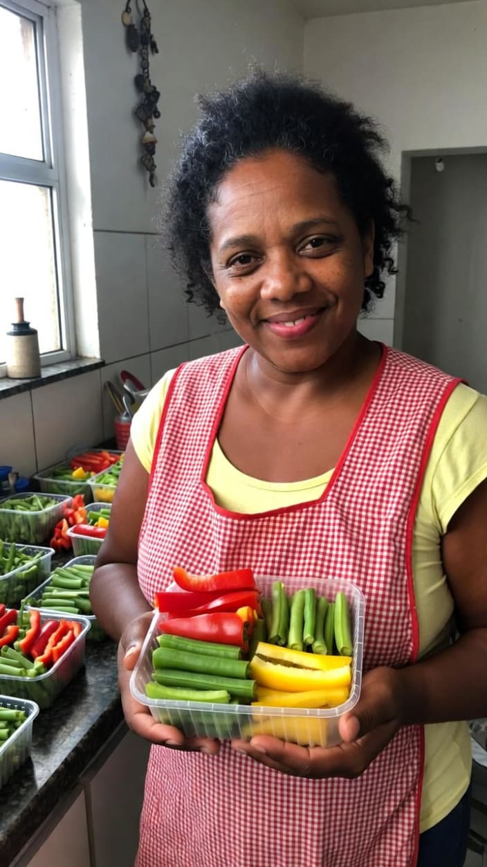 Mulher segurando pote com legumes prontos para venda