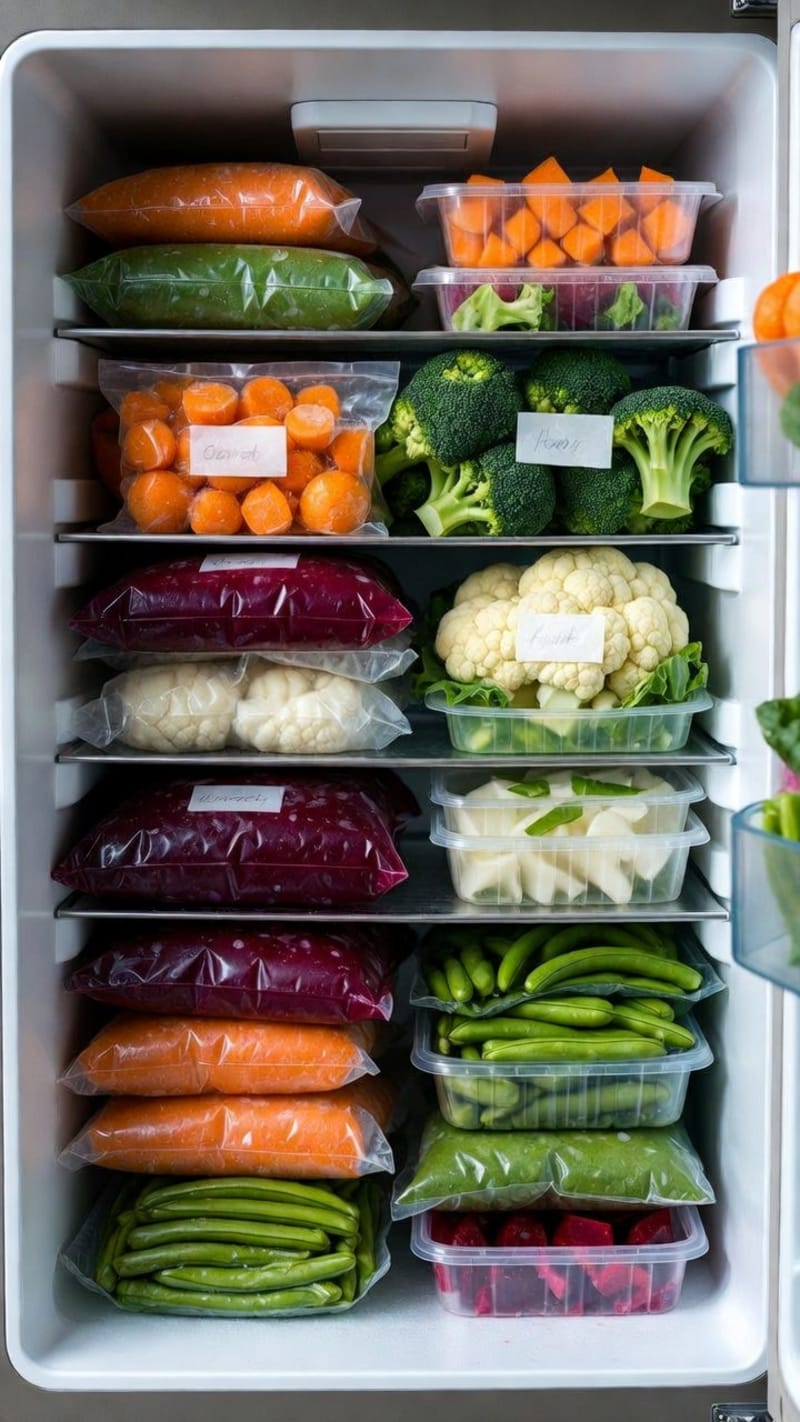 Geladeira completamente organizada com legumes embalados e rotulados