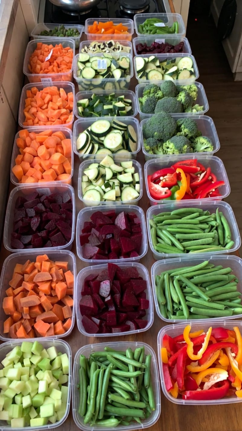 Mesa com dezenas de potes coloridos de legumes organizados e prontos